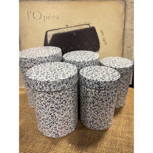 Set Of 5 Vintage Blue Floral Metal Nesting Storage Tins With Lids